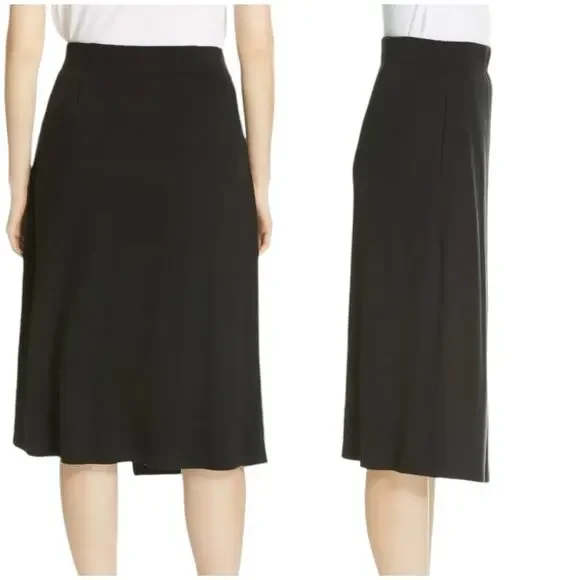 Eileen Fisher NWT Black Tencel Lyocell Stretch Faux Wrap Knee Midi Skirt XXS
